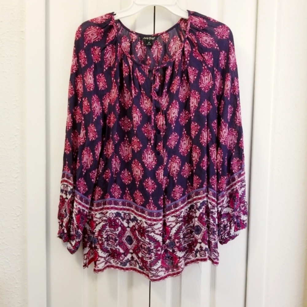 Lucky Brand Purple Boho Batik Print Peasant Blouse